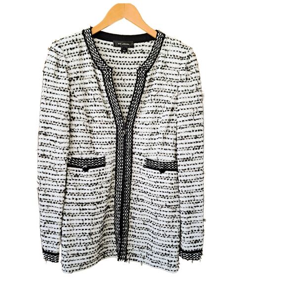 ST. JOHN Knit Ribbon Tweed Jacket Size 4 Zip Front Ivory Black Collarless Blazer - Picture 6 of 11